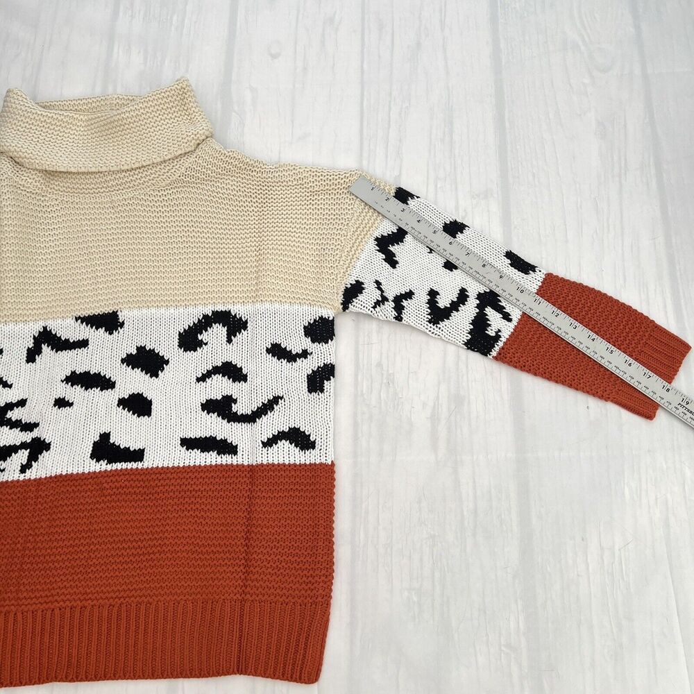 Women's Turtleneck Chunky long sleeve Leopard Print Sweater Cable Knit Sweater L - Picture 6 of 10